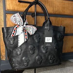 I O pelle Black Skull Embossed Tote Bag NWT